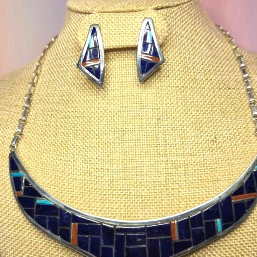 DDC Darrell Cadman Southwestern Sterling Silver Inlay Onyx Necklace Earring Set